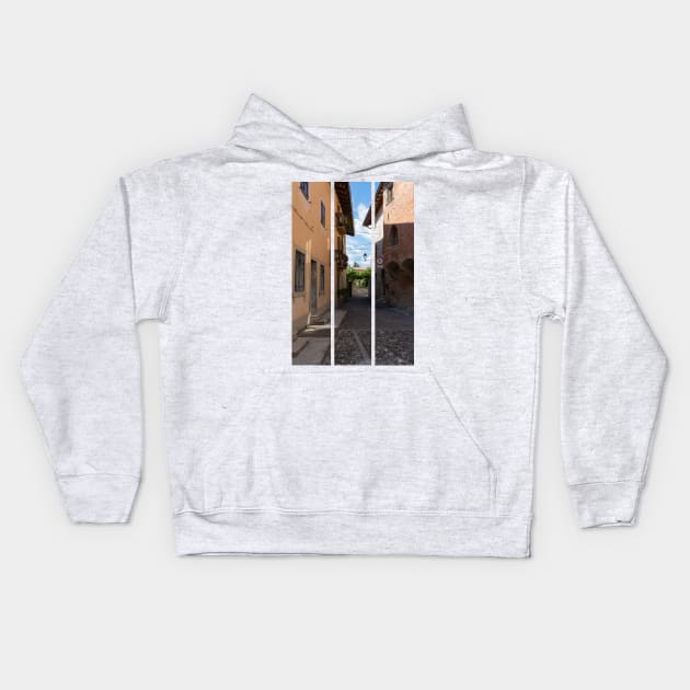 North Italy Life in the center of the lombard medieval city. Walking through narrow streets and walls. Sunny summer day. (vertical) Kids Hoodie by fabbroni-art